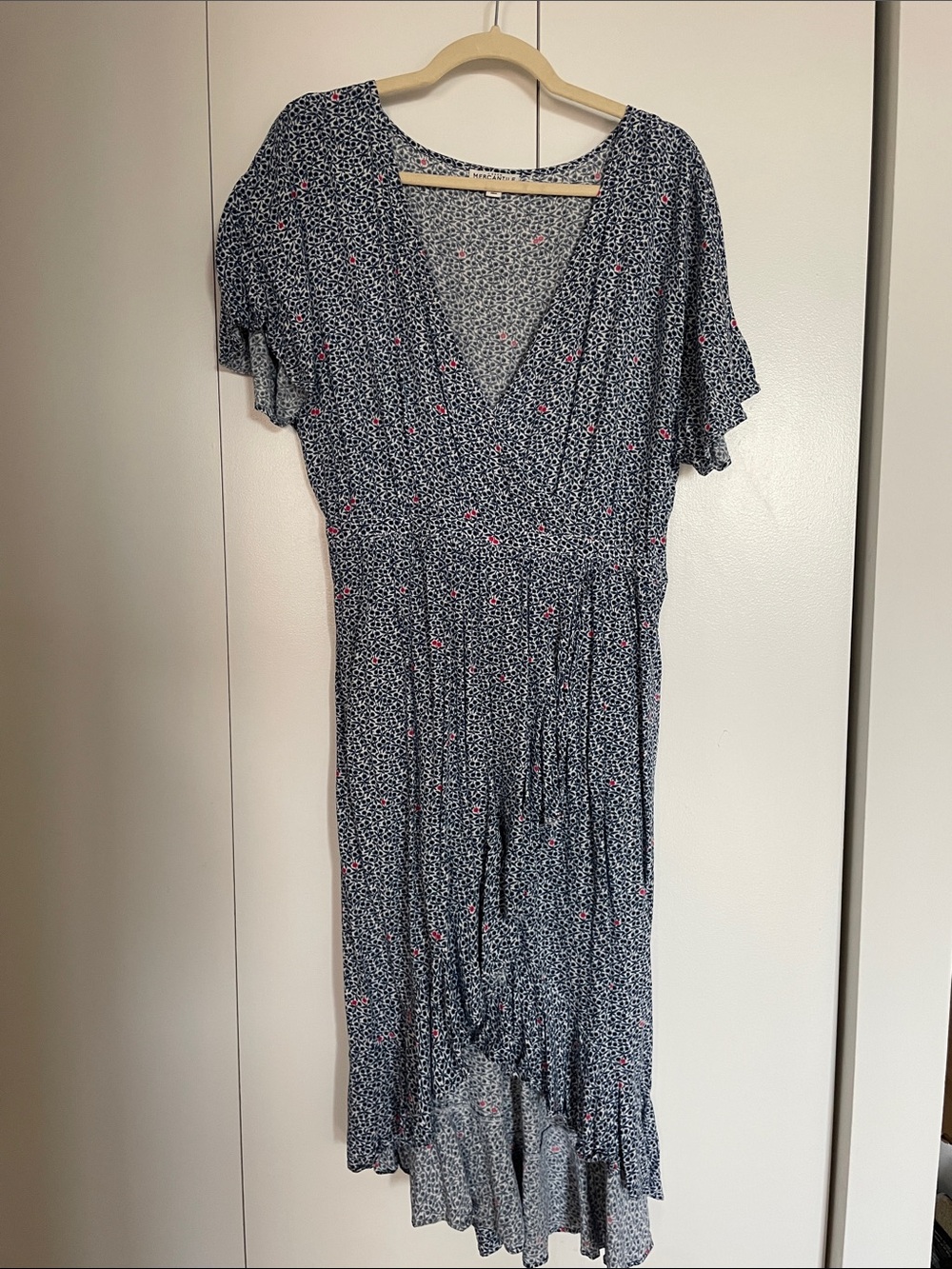 Navy Floral High-Low Faux Wrap Dress with Pink Dots